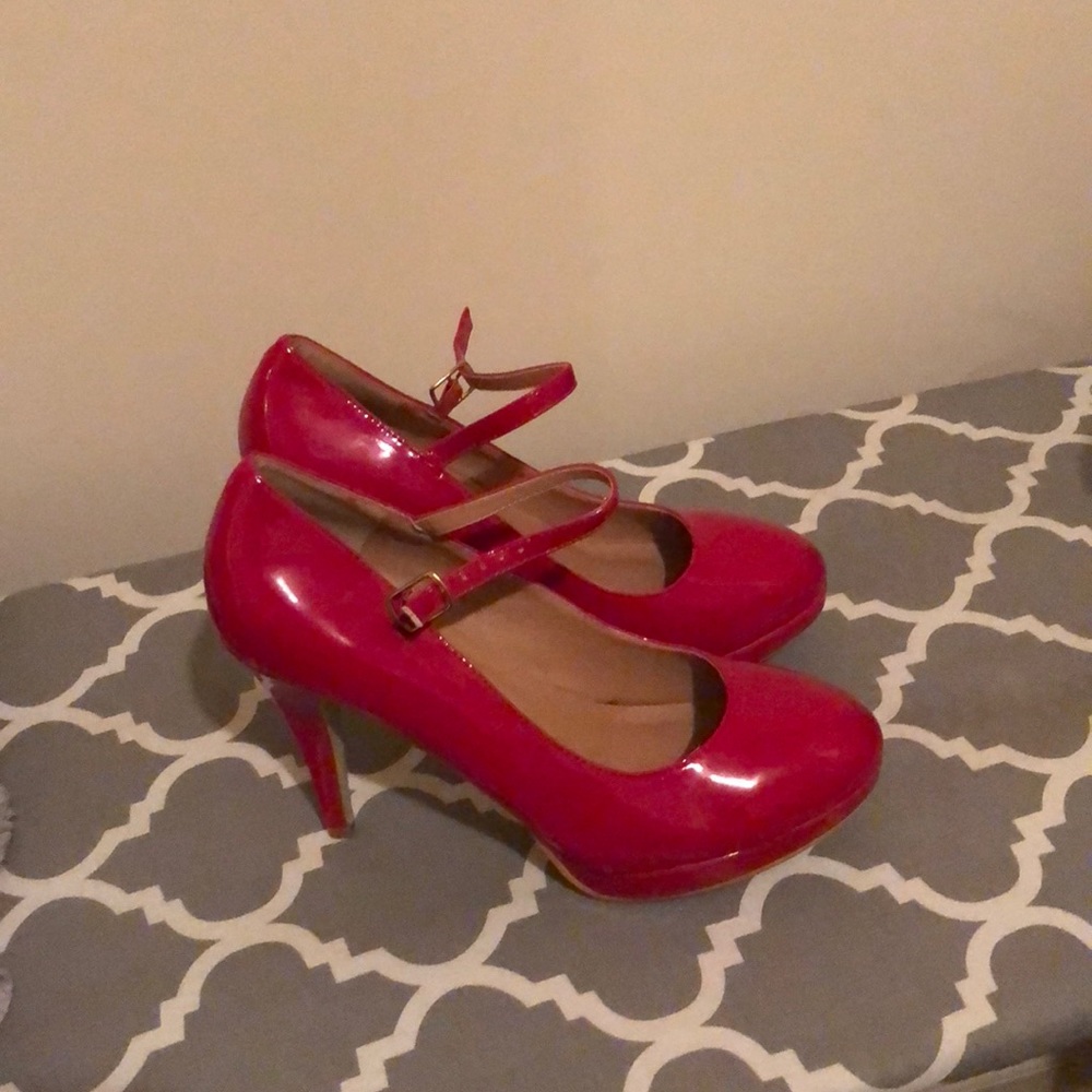 Red patent leather Mary Jane heels